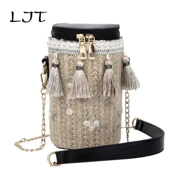 

LJT 2019 New Korean Women Retro Woven Bucket Bag Tassel Chain Barrel-Shaped Crossbody Messenger Bags Handbag Female Bohemian