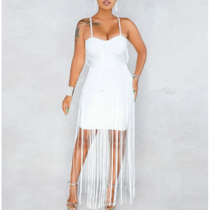 

Women Dress Spaghetti Strap Long Tassel Sexy Nightclub Party Mini Slim Party Fringe Bodycon Robes Package Hip White Yellow Pink