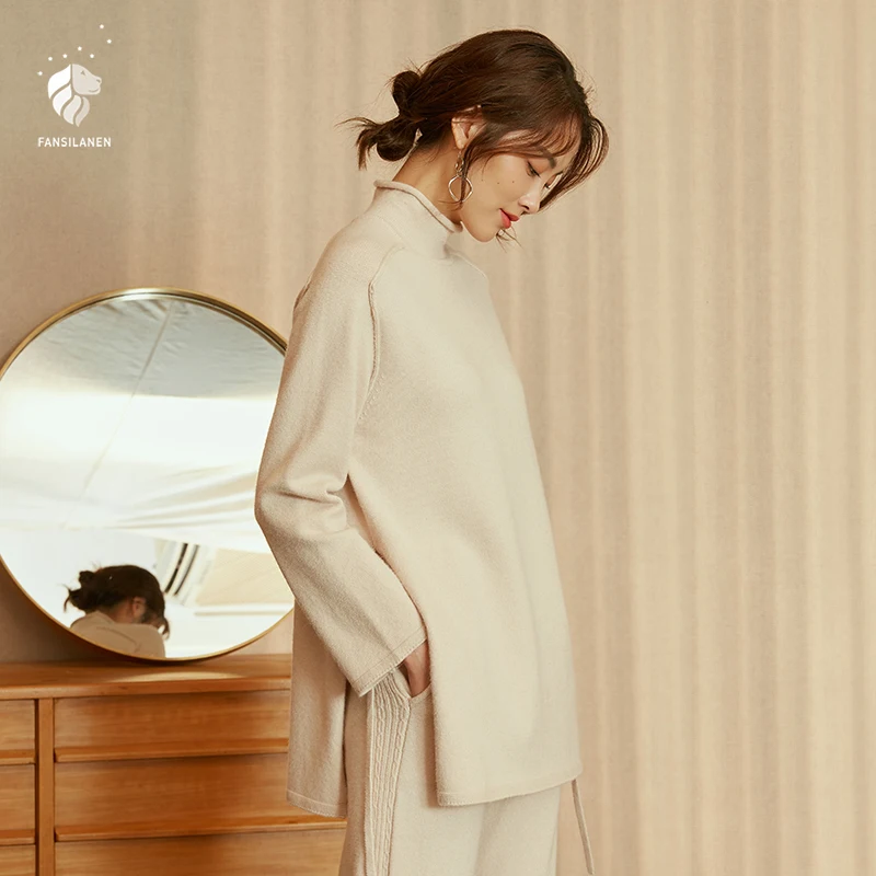 FANSILANEN 2019 Fashion New Arrival Spring/Autumn/Winter Women Solid Beige Knitting Sweater And Pullovers Z86351 | Женская одежда