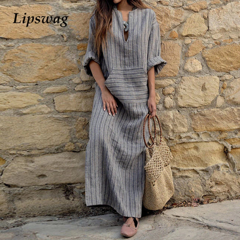 

Lipswag Striped V-neck Dresses Women 2019 Spring Summer Long Sleeve Cotton Linen Dress Casual Pockets Long Beach Dress Plus Size