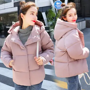 

Short Down Cotton Jacket Women Parka Loose Warm Thicker Winter Coat Women Casual Streetwear Long Sleeve Hooded Jacket Coat Q1766