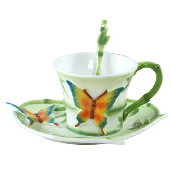 

Colored Enamel Coffee Mug Cup Butterfly Bone China Tea Milk Set Ceramic Copa Creative Drinkware Friend Gift