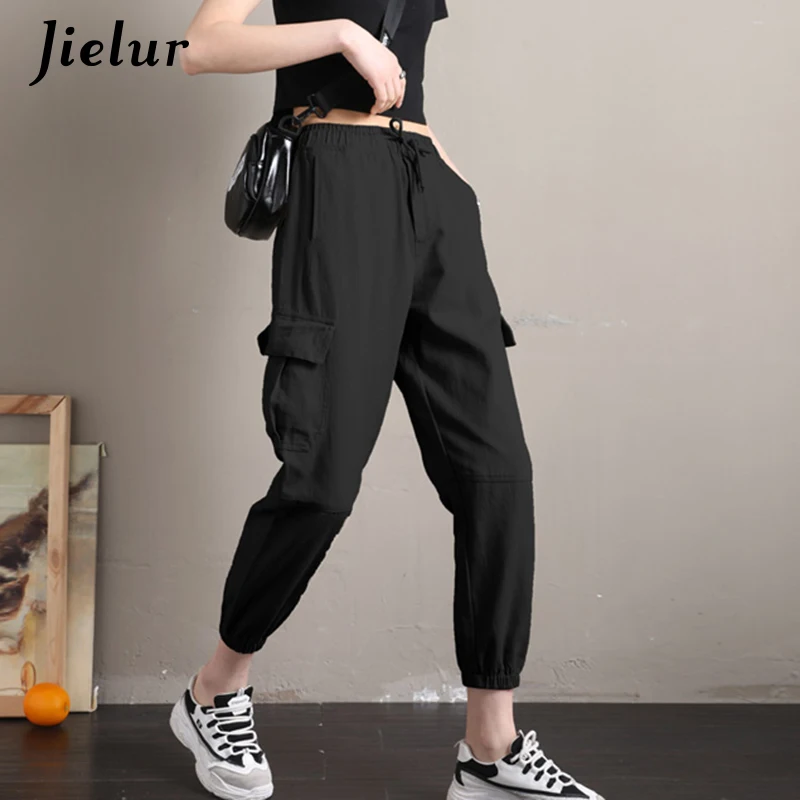 Jielur BF харадзюку женские брюки карго Модные Карманы хаки Pantalon с завышенной талией