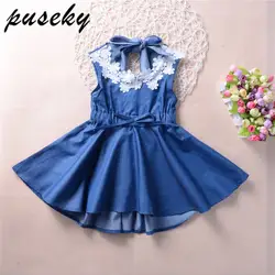 Puseky/Милая одежда для маленьких девочек, платья без рукавов, милое мини-кружевное джинсовое праздничное платье принцессы с цветочным