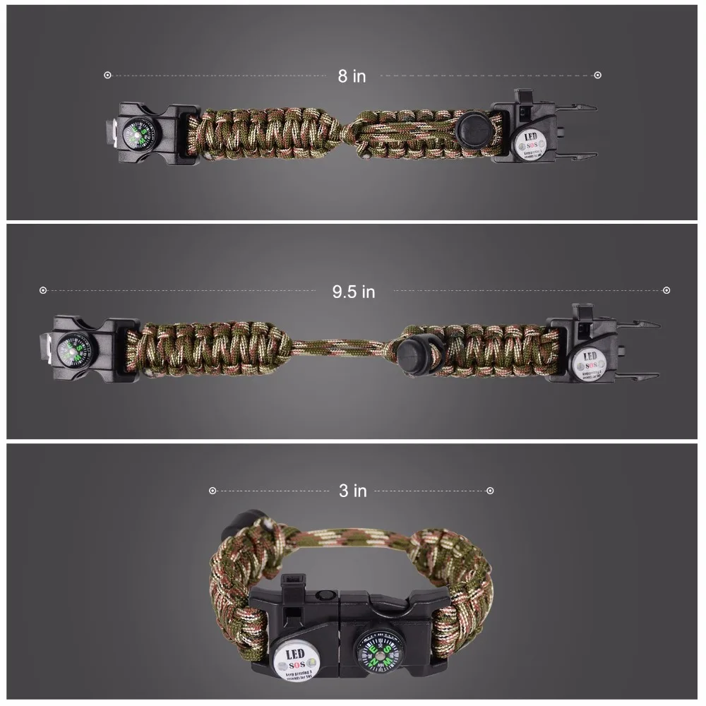 Military Emergency Braided Survival Bracelet With SOS LED Paracord Outdoor Camping Rescue Rope Bangles Compass Whistle Knife