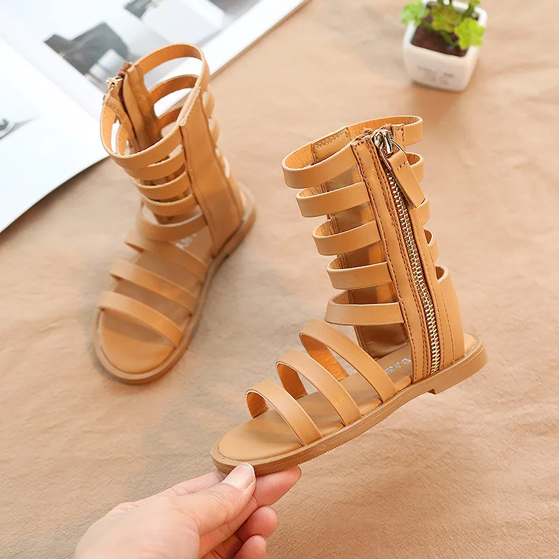 1 2 3 4 5 6 7 8 Years Little Girls Summer Rome Long Sandals Boots For Kids Girls Brown Black Dress Shoes Sandals New