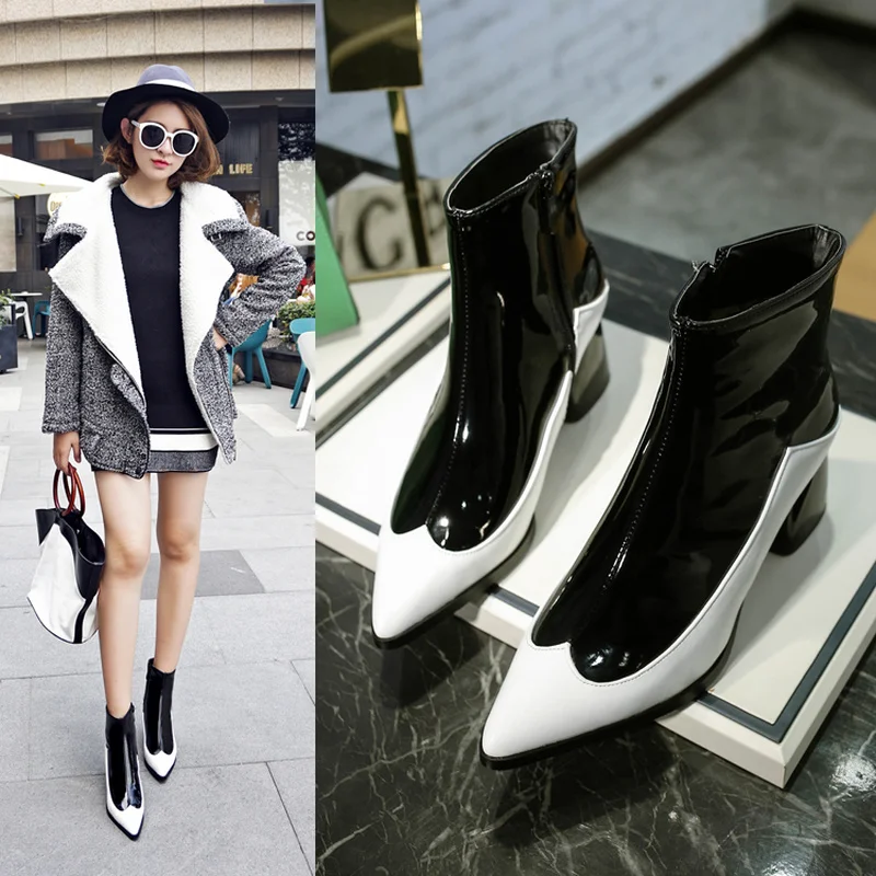 

2019 Autumn/Winter Patent leather women's shoes pointed toe high heel boots thick bottom Zipper warm boots size 34-43