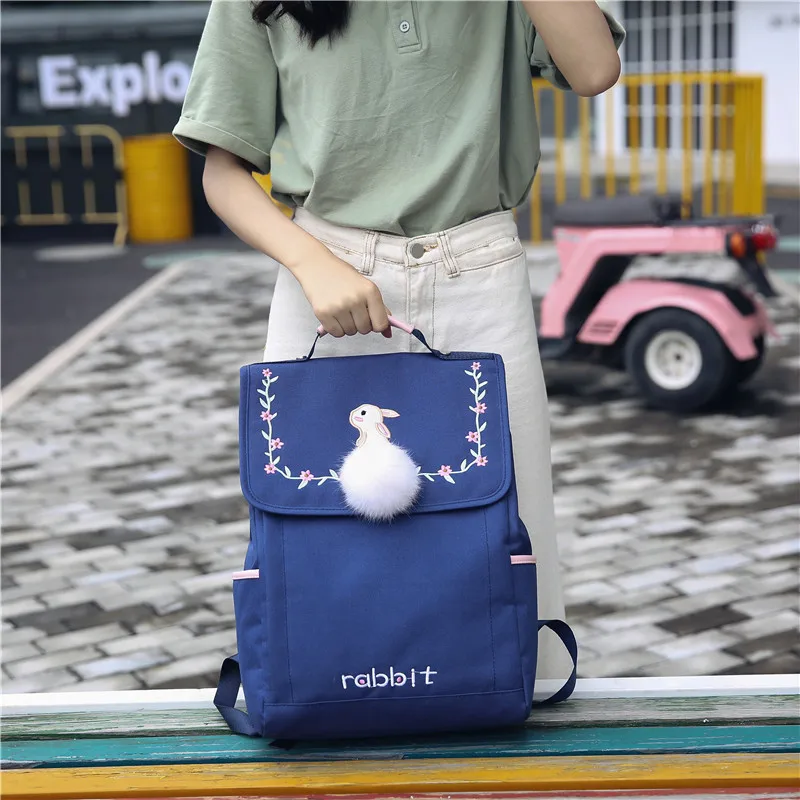 

Tuladuo Cute Rabbit Backpack Female Laptop Backpack Schoolbag for Girls Designer Embroidery Flower Mochila Preppy Style Rucksack
