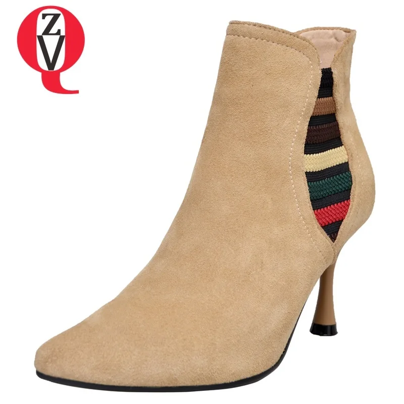 

ZVQ 2018 new fashion mixed colors kid suede ankle boots super high thin heels zip pointed toe winter warm sexy party women shoes