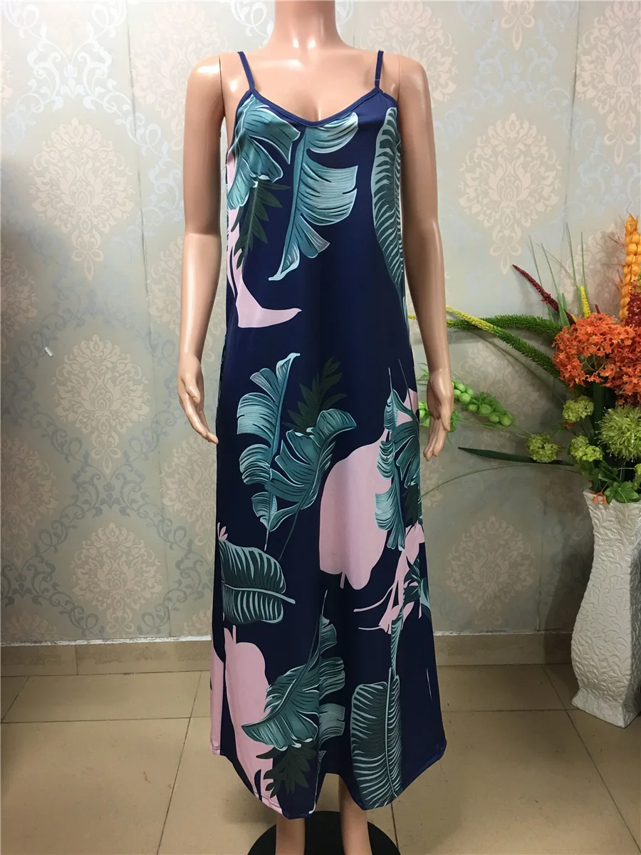 Gladiolus Elegant Long Dresses Bohemian Sundress 2018 Women V-Neck Spaghetti Strap Print Floral Maxi Causal Loose Summer Dress (28)
