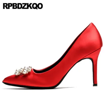 

red new thin pumps big size 4 34 33 rhinestone bridal pearl silk diamond high heels crystal shoes women 2019 pointed toe satin