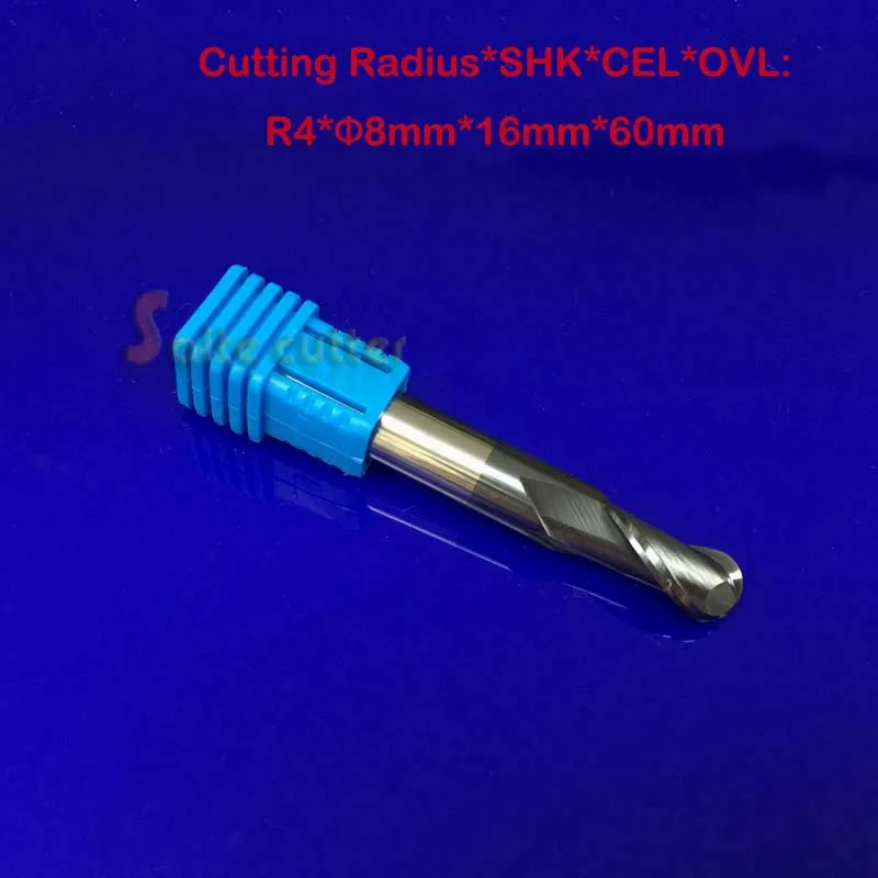 

Free shipping 1pc radius=4mm hrc55 R4*16*D8*60 2 Flutes Ball nose end mill Spiral Bit Milling Tools CNC cutter Router bits