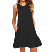 Hot Selling Casual Black Tank Dress with Side Pockets A-Line Sleeveless O-Neck Summer Sexy Dress black side pockets sleeveless outerwear
