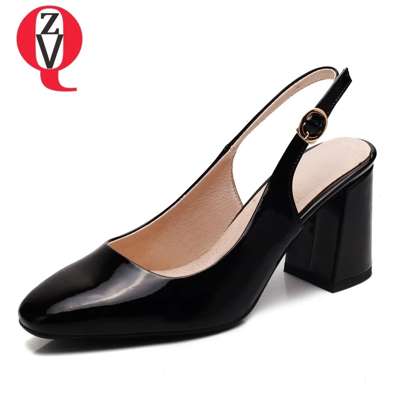 

ZVQ women shoes new fashion patent leather square toe super high square heel buckle strap black and white office lady pumps