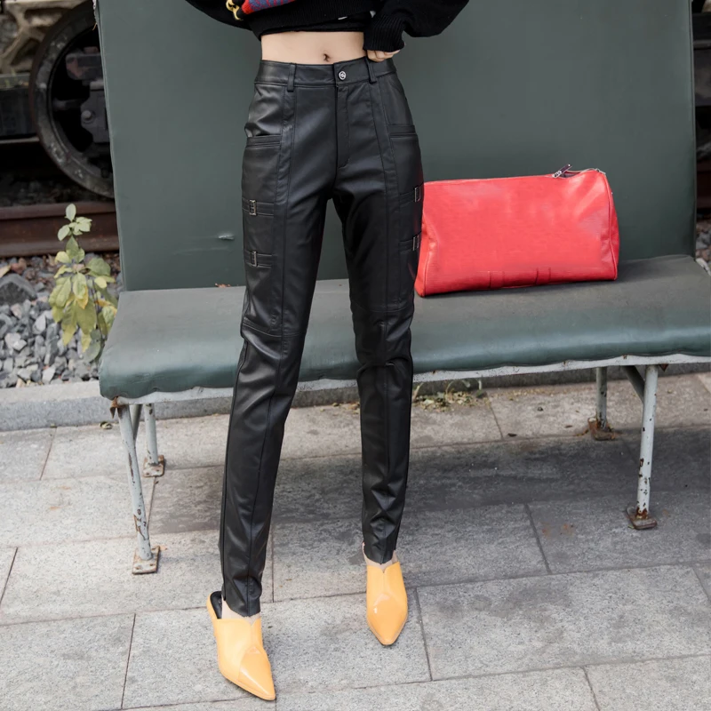 New Plus Size S-4XL Women Slim Real Leather Pants Buckle Quality Cowhide Motorcycle Trousers High Waist Full Length Pencil Pants