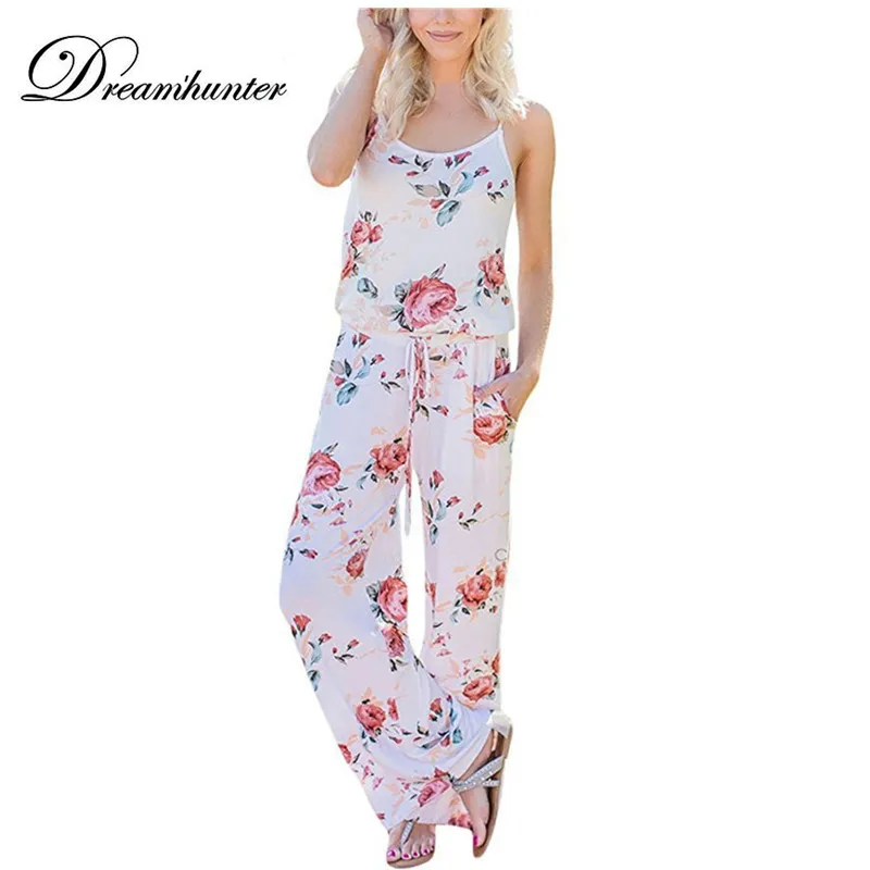 Women Summer Jumpsuits Floral Print Lace Up Bodysuit Sexy