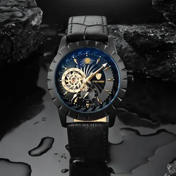 

Tevise Black Leather Mechanical Automatic Watch Men Business Tourbillon Moon Phase Skeleton Wristwatches Relojes Hombre T810b