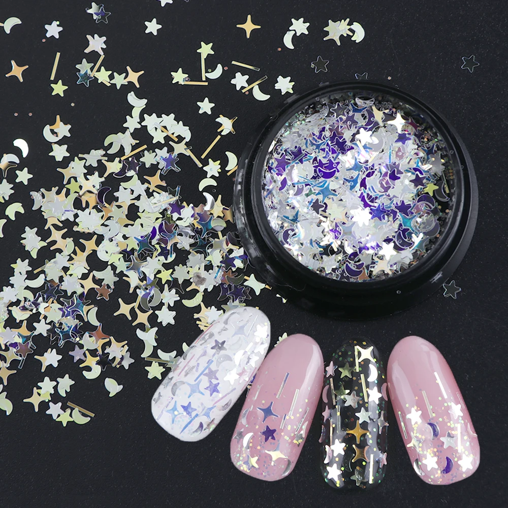 

1 Bottle Laser Nail Glitter Holographic Sequins Mixed Flakes Star Crescent Paillette Powder Spangle 3D Nail Art Decoration BE779