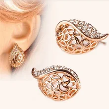 Fashion Women Lover Hollow Leaf Rhinestone Earrings Jewelry