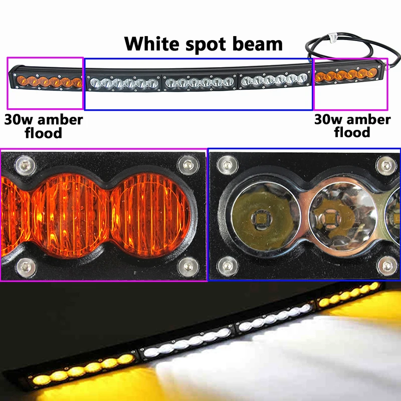 Белый Янтарный Желтый изогнутый СВЕТОДИОДНЫЙ светильник 45 дюймов 210 Вт внедорожный светильник-Бар Белый Янтарный желтый точечный прожектор комбинированный луч светодиодный для работы и дайвинга