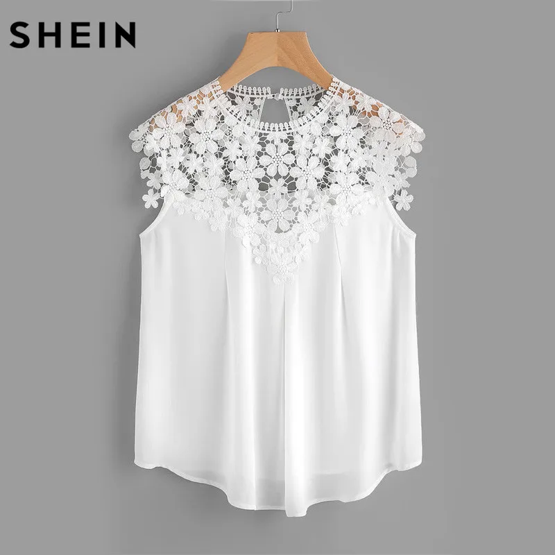 

SHEIN Keyhole Back Daisy Lace Shoulder Shell Top Summer Blouses for Women 2017 White Cap Sleeve Elegant Blouse