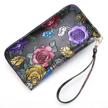 

New Women Cowhide Long Wallet Handy Bag Rose Pattern Retro Coin Cash Card Holder Genuine Leather Wrist Clutch Bags Money Purse