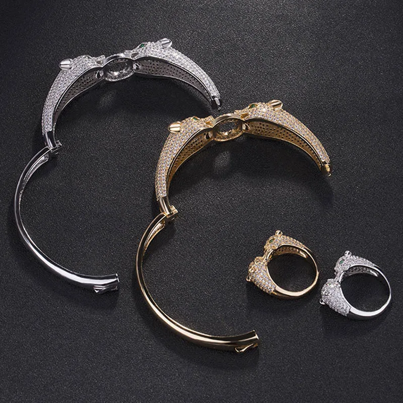 Koop Twee leopard Heads Dier Mannen bangle Sieraden Set Metalen Koperen Armbanden Ring Bruids Sieraden Sets Cubic Armband Accessoire Sets