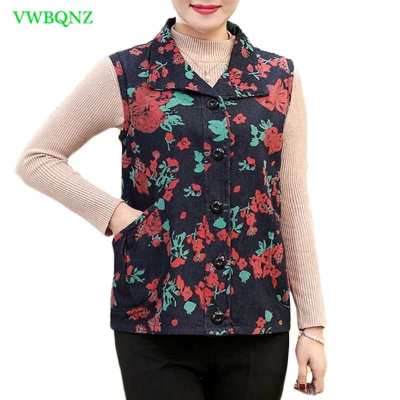 

Middle-aged Women Shoulder Cowboy Vest Spring Autumn Thin Short Printing Vests Women's Plus size Single-breasted Vests 4XL A535