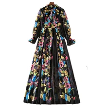 XF 13 S~5XL 2018 High Quality Fashion Designer Summer Bohemian Women Scarf Collar Long Sleeves Thin Model Rose Print Long Dress fashion round collar long sleeves floral print women s mini dress