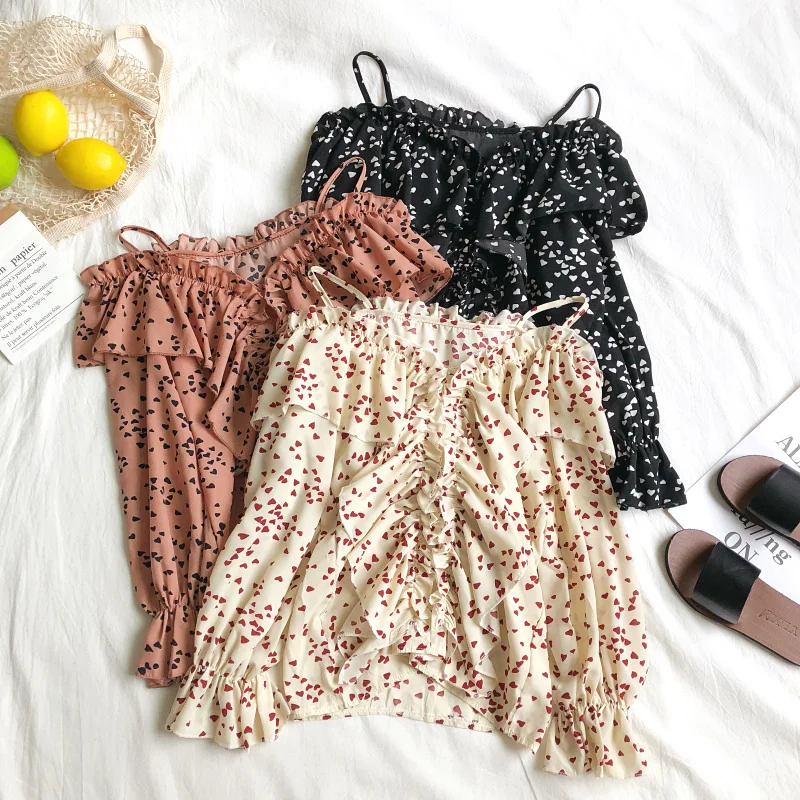 

Women Summer Slash Neck Flare Sleeve Ruffles Bow Shirt Elegant Slim High Waist Strapless Love Heart Chiffon Pullover Blouse Tops