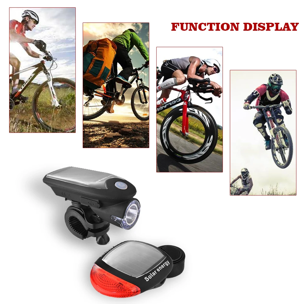 Top Solar Energy Rechargeable Bicycle LED Light Bike Warning Lamp Front and Rear Safety Flashlight Accessories Set 5