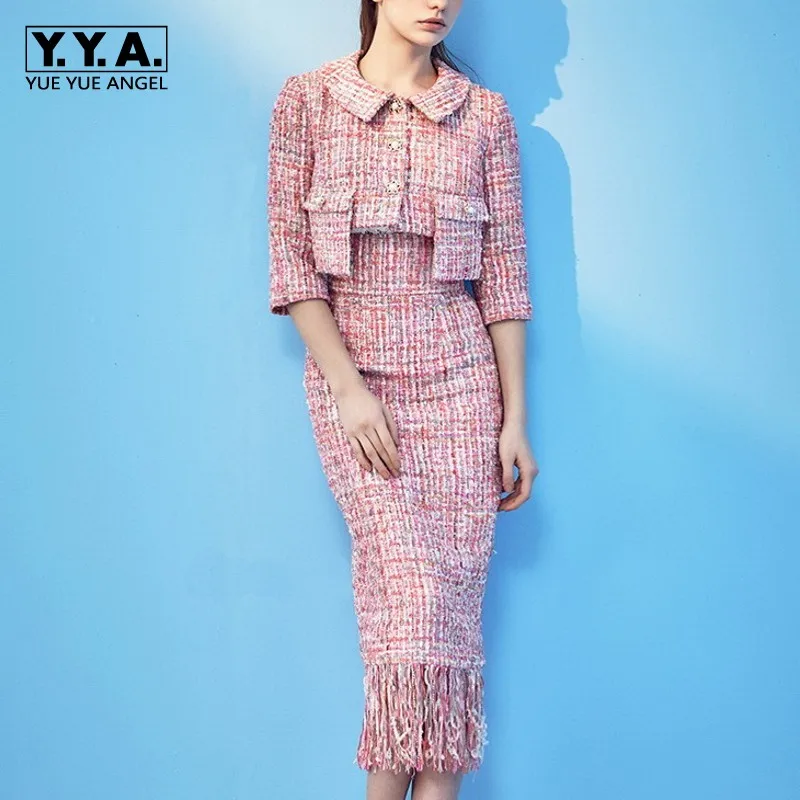 Nieuwe Kantoor Dames Tweed Jas Kwasten Wrap Rok Tweedelige Set Vrouwen Runway Spliced Twill Korte Jassen Rokken Outfits Suits Nieuwe Kantoor Dames Tweed Jas Kwasten Wrap Rok Tweedelige Set Vrouwen Runway Spliced Twill Korte Jassen Rokken Outfits Suits