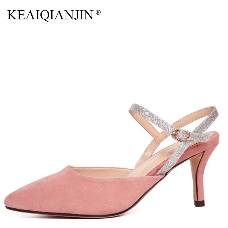 

KEAIQIANJIN Woman Summer Genuine Leather Gladiator Sandal Fashion Black Party High Heels Shoes Sexy Summer Pink Beach Sandals