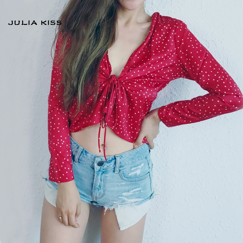 

Women Little Stars Printing Tops Bandage lacing Top with Long Sleeve