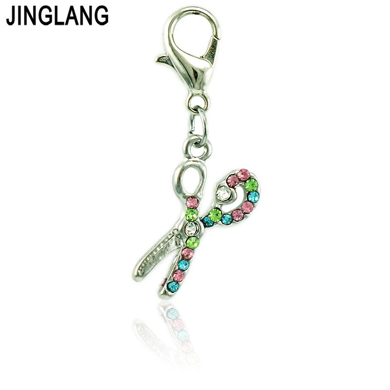 

JINGLANG Scissors Charm With Lobster Clasp Dangle Multicolor Rhinestone Pendants DIY Charms For Jewelry Making Accessories