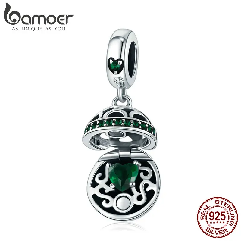 BAMOER 100% 925 Sterling Silver Love Gift Box Dangle Ball Charm Green CZ Charms Fit Bracelets & Necklaces DIY Jewelry SCC689-LB