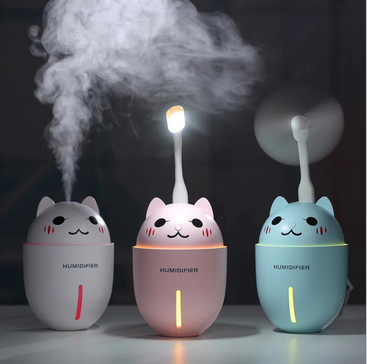 3 in 1 Car humidifier 320ML USB Air Humidifier Ultrasonic Cool-Mist Adorable Car Mini air purifier With LED Light Mini USB Fan