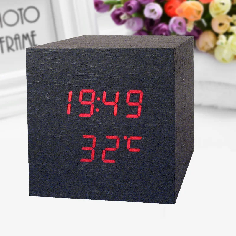 Двойной Дисплей электронный голос LED Температура часы Ретро Деревянный цифровой