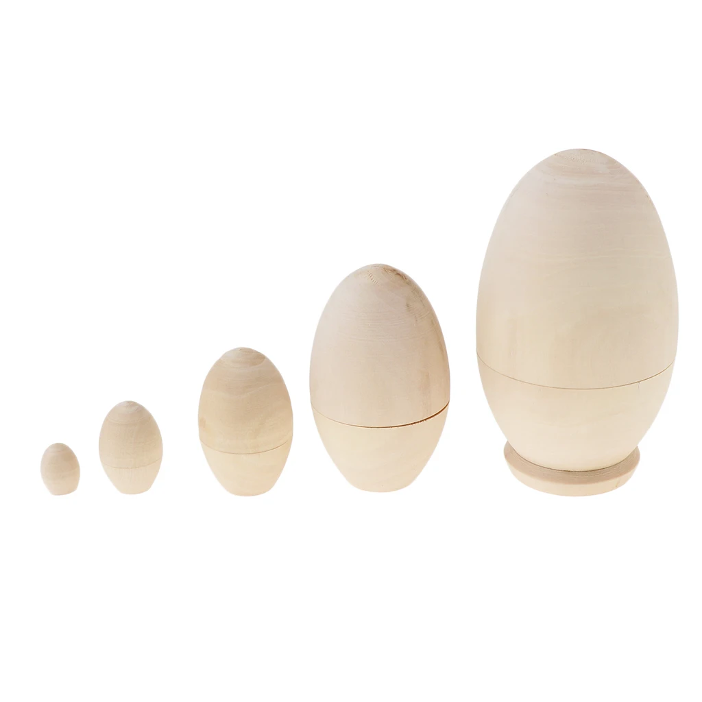 5 Pieces Unpainted Wooden Egg Russian Stacking Dolls Natural Wood Color Babushka Matryoshka Kids Birthday Gift