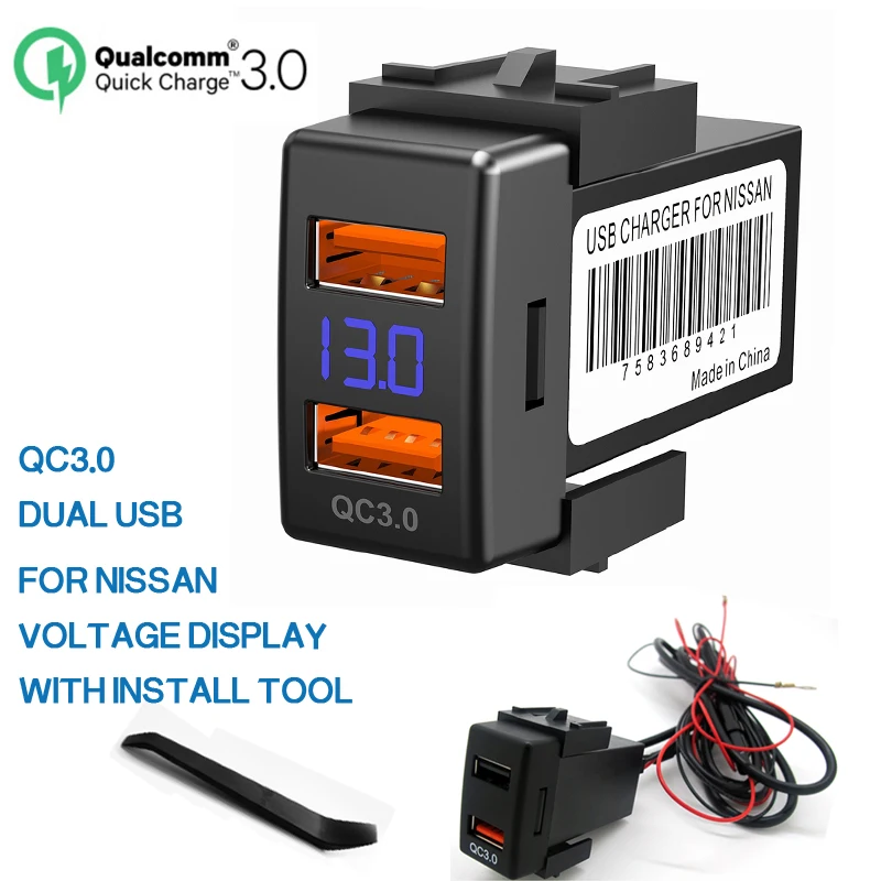 

CHELINK 12V Quick USB Car Charger 3.1A Quick Charge 3.0 For Mobile Phone Car Adapter with LED Voltmeter Power Display For Nissan
