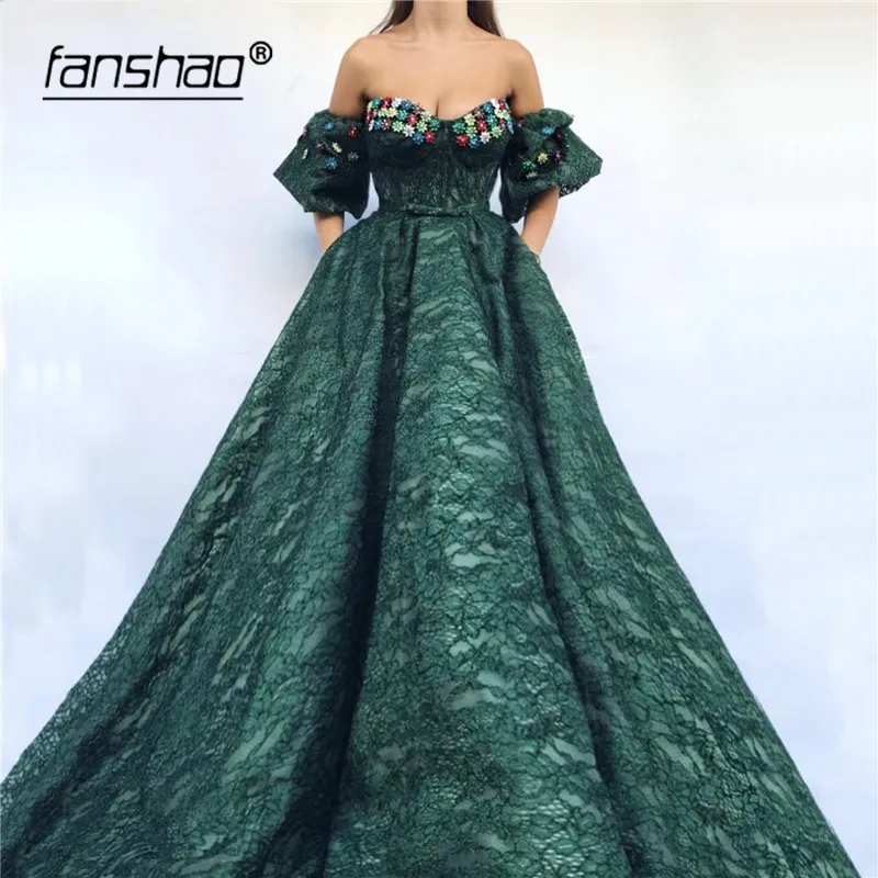 

Green Muslim Evening Dresses Lace Half Sleeves Lantern Pocket Boho Evening Dress Dubai Saudi Arabic Evening Gown Prom Dress