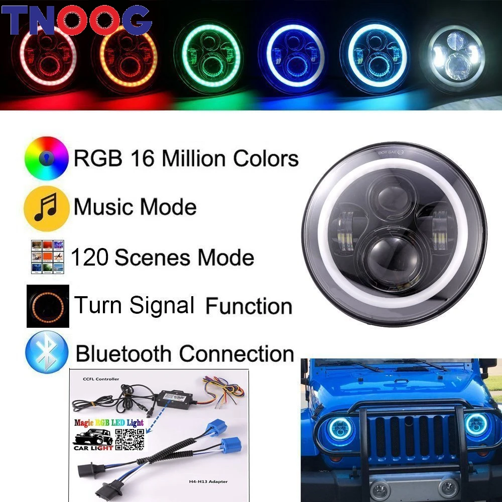 

TNOOG 2PCS DOT E9 Bluetooth Control 40W 7" Hi/lo Beam RGB Led Halo Headlight For Wrangler UAZ Hunter Lada Niva 4x4 Urban