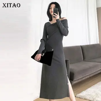 

XITAO Off Shoulder Split Midi Dress Women Korea Fashion Irregular Vintage 2019 Sheath Long Wild Joker Elegant New ZLL4066