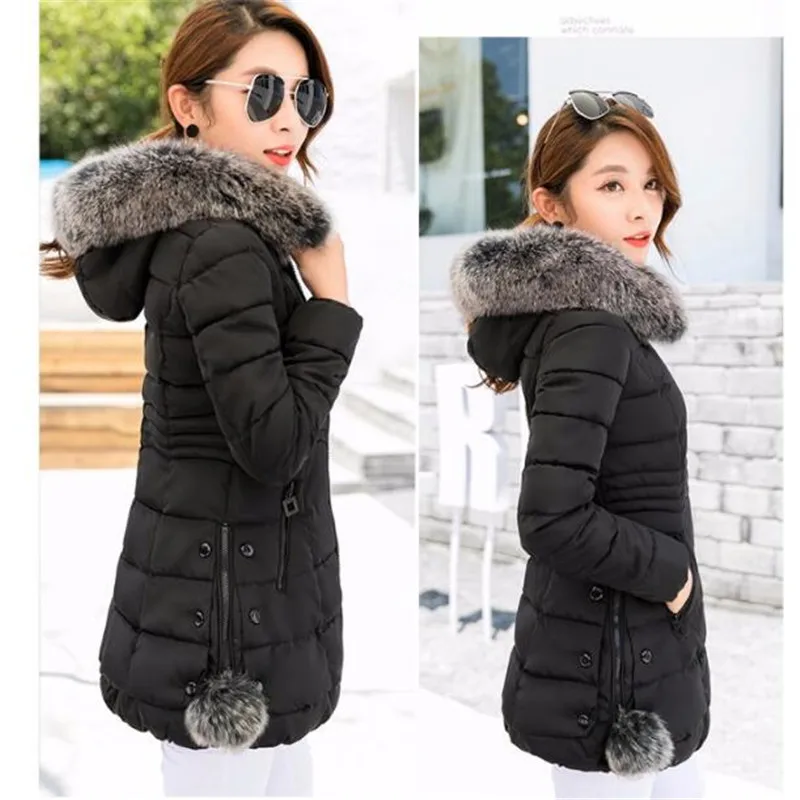 Женский утепленный зимний длинный пуховик с капюшоном/женское приталенное пальто с меховым воротником и хлопковой подкладкой XXXL - Цвет: Черный
