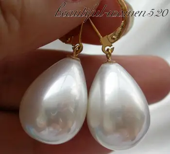 

Z3406 20mm white drip south sea shell pearl dangle earrings