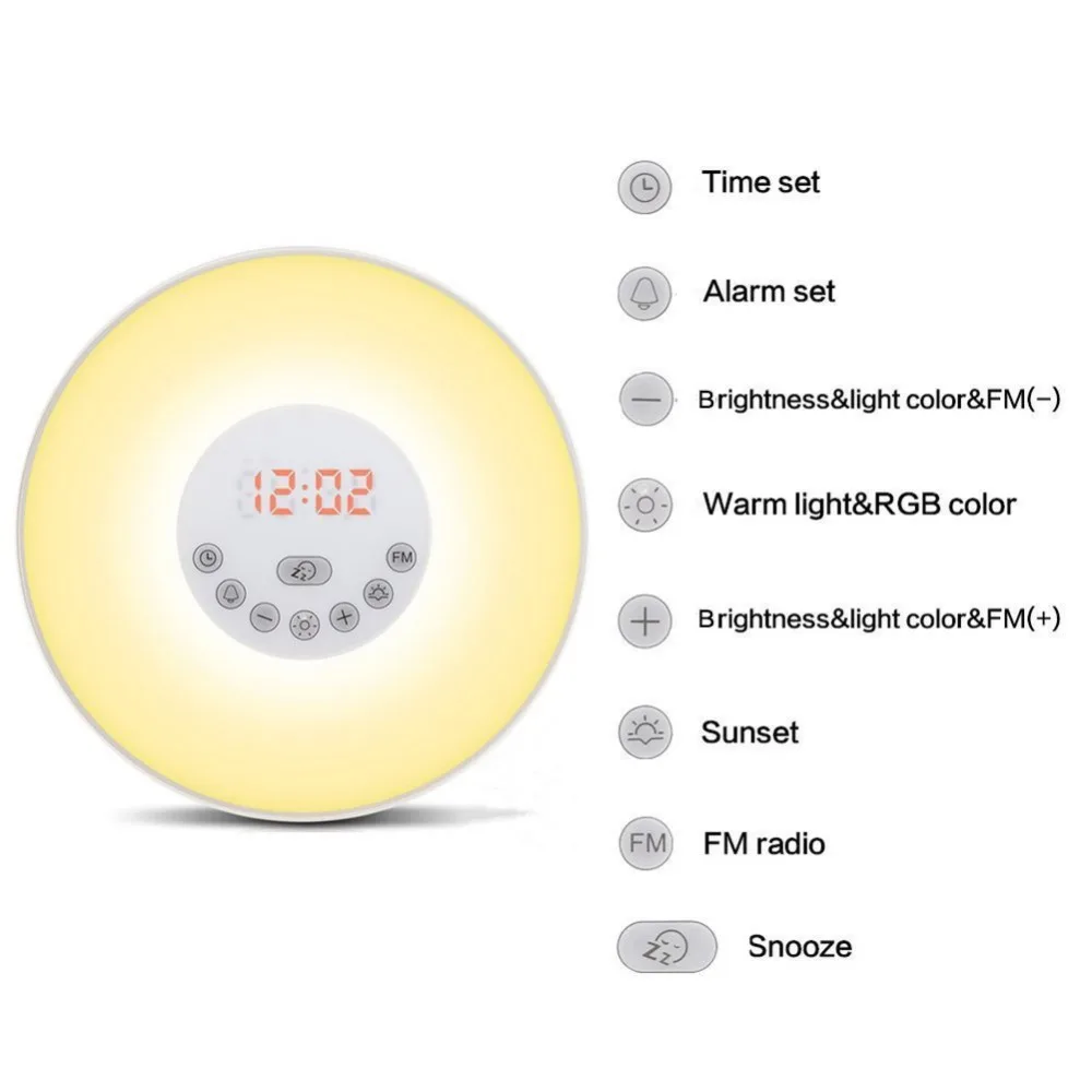 Пробуждения света Восход будильник LED FM Радио Ночной ночника touch Сенсор цифровой время Дисплей Desktop рядом с ночник