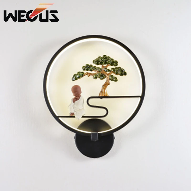 

Creative iron art unique wall lamp tree and monk simple decorative sconce for bedside study hotel restaurant foyer kitchen light