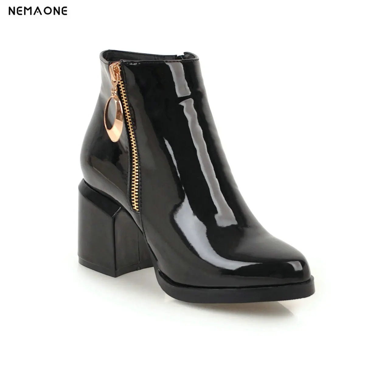 

NEMAONE Women Ankle Boots 7cm High Heels patent leather zipper ladies boots Fashion Women Party Shoes large Size 45 46 47 48