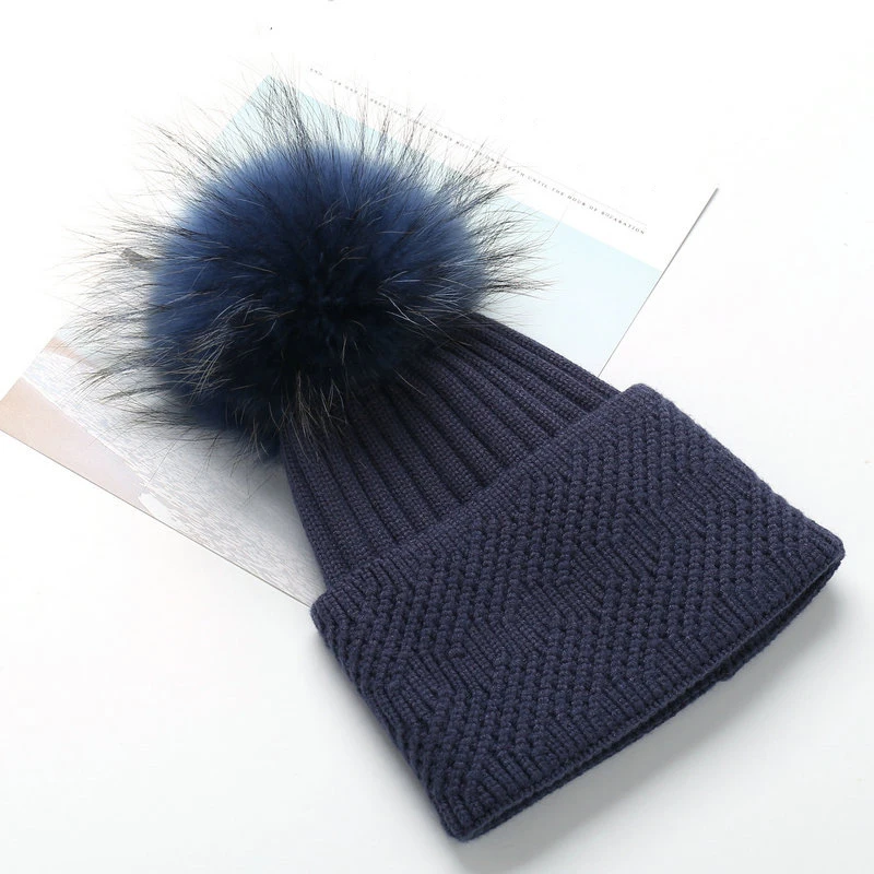 Winter Hat Women Knit Cap Warm Wool Real Raccoon Pom Pom Ski Accessory Brim Beanie Headwear Soft Casual Outdoor Solid Color (5)