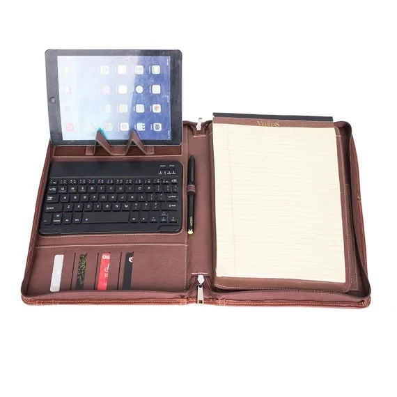 

Brown Genuine Leather Portfolio with Notepad Holder and Wireless Keyboard